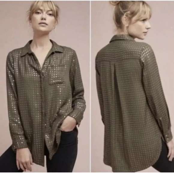 Anthropologie Maeve Arwa Sequined Button Down Blouse in Green Size M 100% rayon - Picture 1 of 11